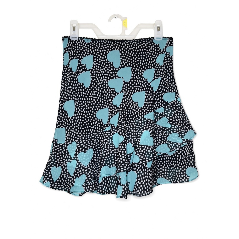 Blue Heart Polka Dot Ruffle Mini Skirt Black White Tiered Chiffon Wrap Style